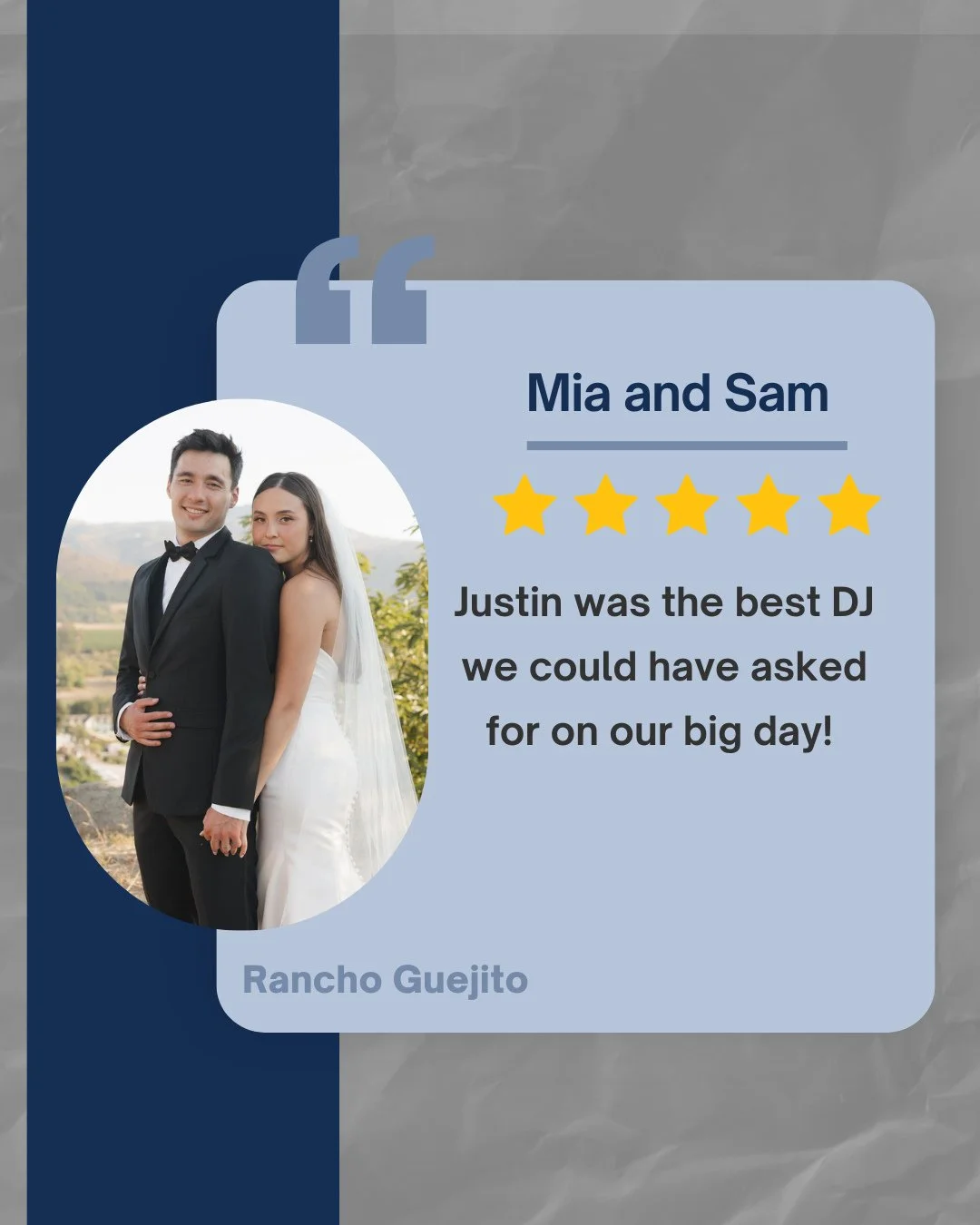 "Best DJ" they could have asked for? I'll take it. These guys also may have set the record for my earliest booking ever ... they said yes to me 661 days  before the wedding day!⁠
⁠
Thanks for the kind words Mia and Sam!