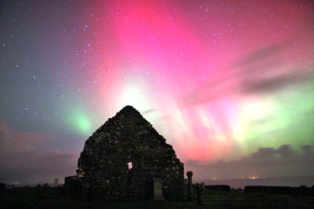 Northern lights over Trumpan Church, Waternish