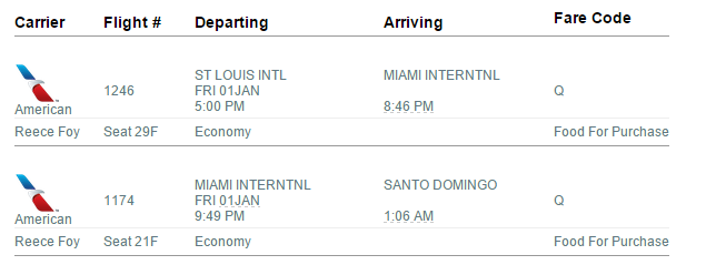 this is Reece's tkt: he arrives to Miami on the 1st ad flies down at 9:46 on a AA flight