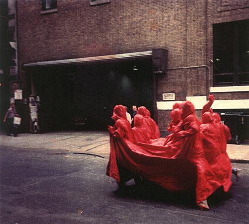 Nicola L, Red Coat , 1969, Vinyl, elven slits and eleven hooded jackets © Nicola L.