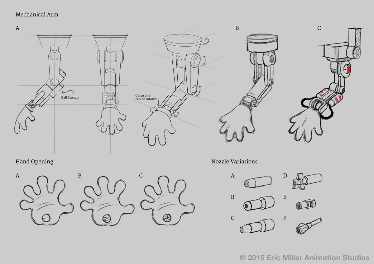 Early character designs of the mechanical hand.