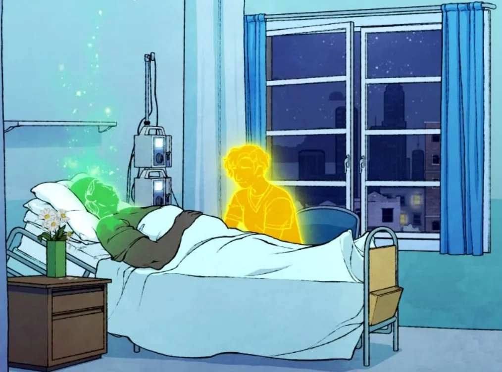 A person next to someone laying in a hospital bed
