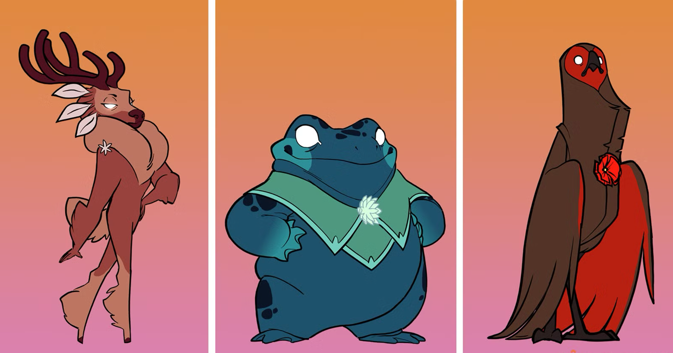 a drawing of a deer, frog, and owl