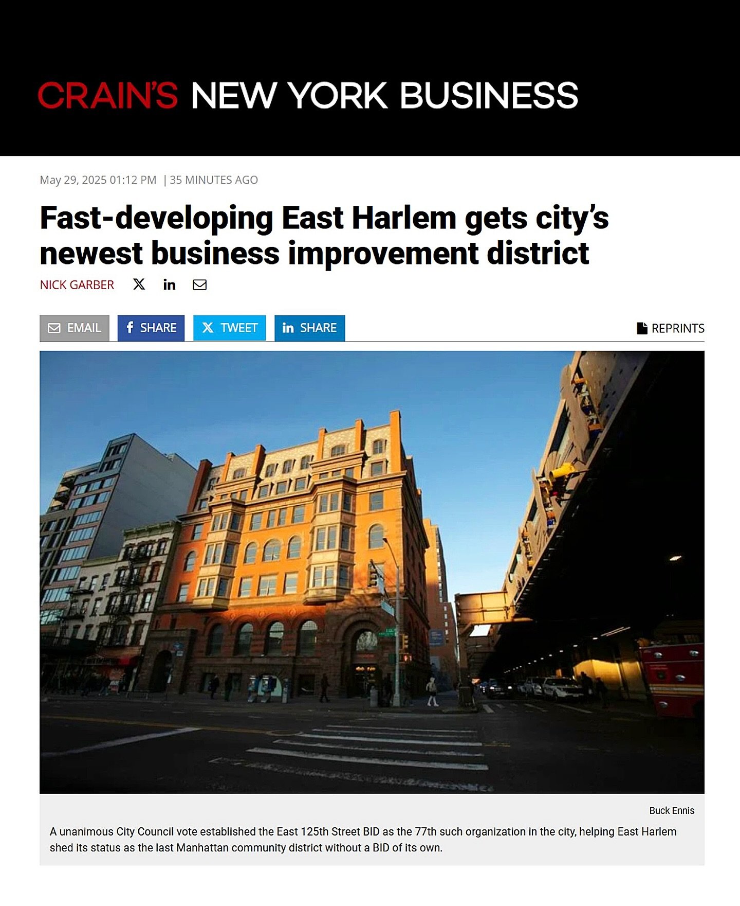 &ldquo;East 125th Street, the fast-developing corridor whose growth has coincided with persistent crime and sanitation issues, now has a new distinction: New York&rsquo;s newest business improvement district.

A unanimous City Council vote on Wednesd