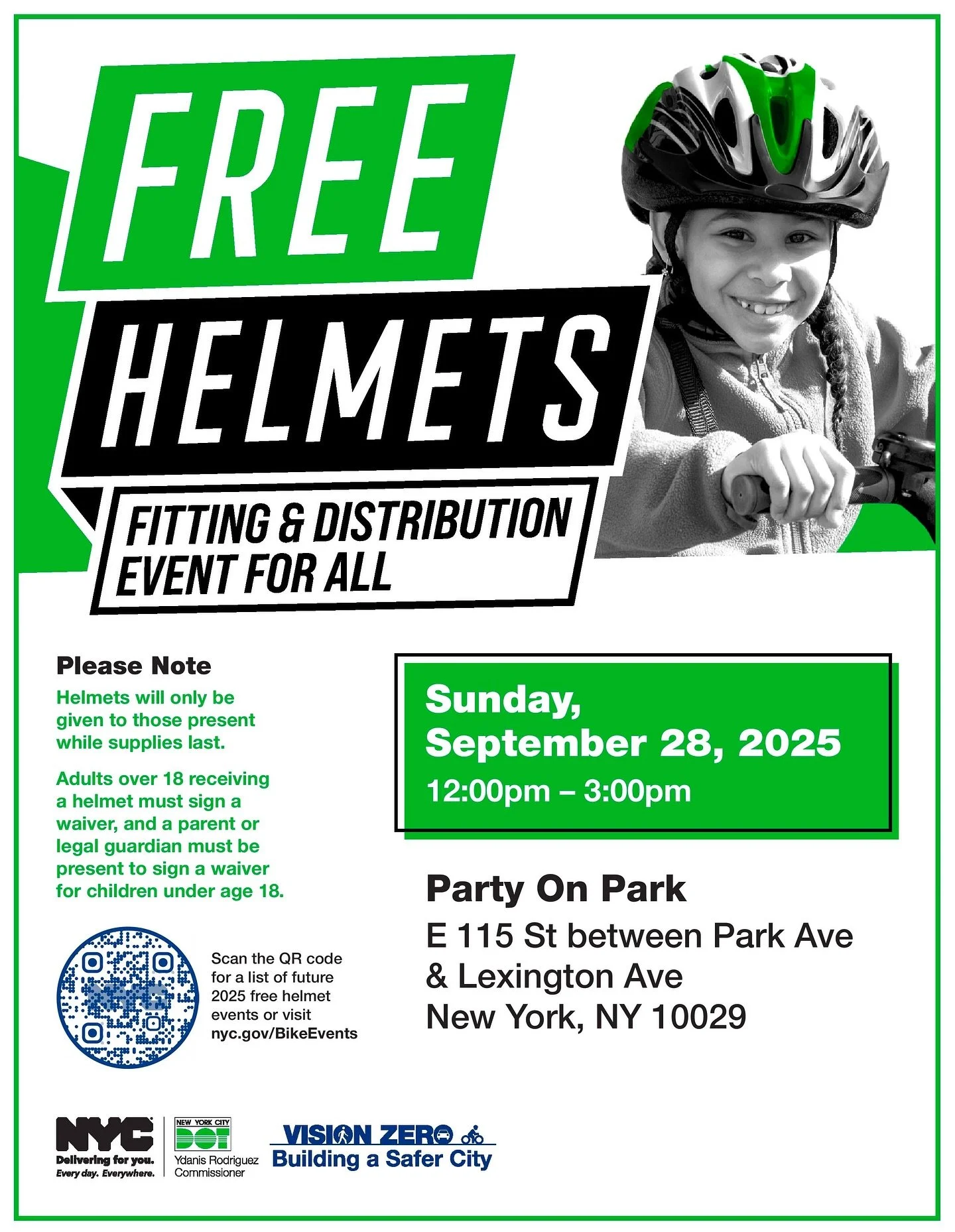 Save the date for our annual bike helmet giveaway at Party on Park, courtesy of Deputy Speaker Diana Ayala @cmdianaayalanyc and the NYC Department of Transportation @nyc_dot.

There&rsquo;ll be helmets for both kids and adults &mdash; plus plenty of 