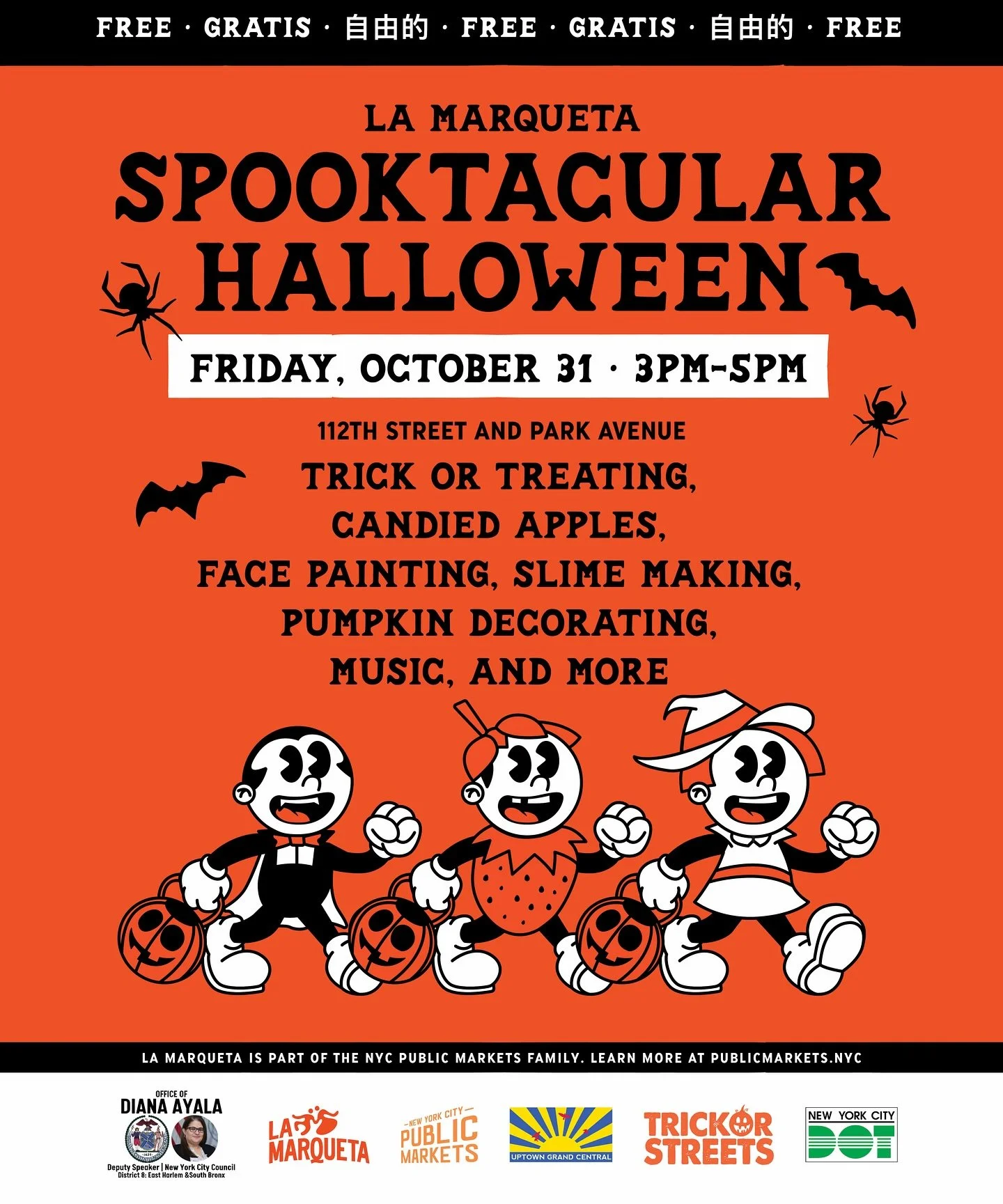 Candy, candy apples & family fun! Save the date for Trick-Or-Streets at La Marqueta @lamarquetanyc. There’ll be trick-or-treating, slime-making, pumpkin decorating, facepainting, a photobooth, music & more on Friday, October 31, from 3-