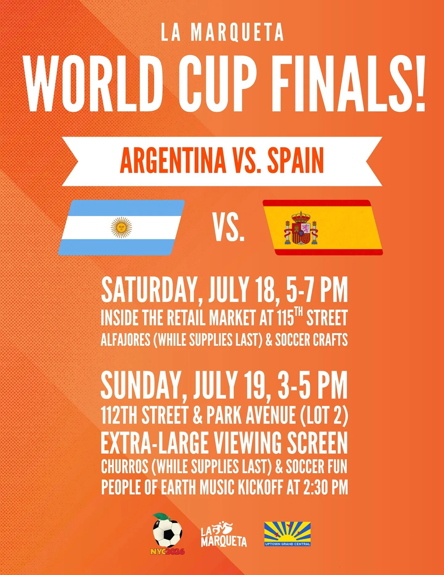 It&rsquo;s the World Cup finals at La Marqueta @lamarquetanyc! 

🇫🇷 🏴󠁧󠁢󠁥󠁮󠁧󠁿 FRANCE VS. ENGLAND
⏰ Saturday, July 18, 5 p.m.
📍 Inside the retail market at 115th Street
🍴Alfajores (while supplies last!) by local small business Dalila&rsquo;s 