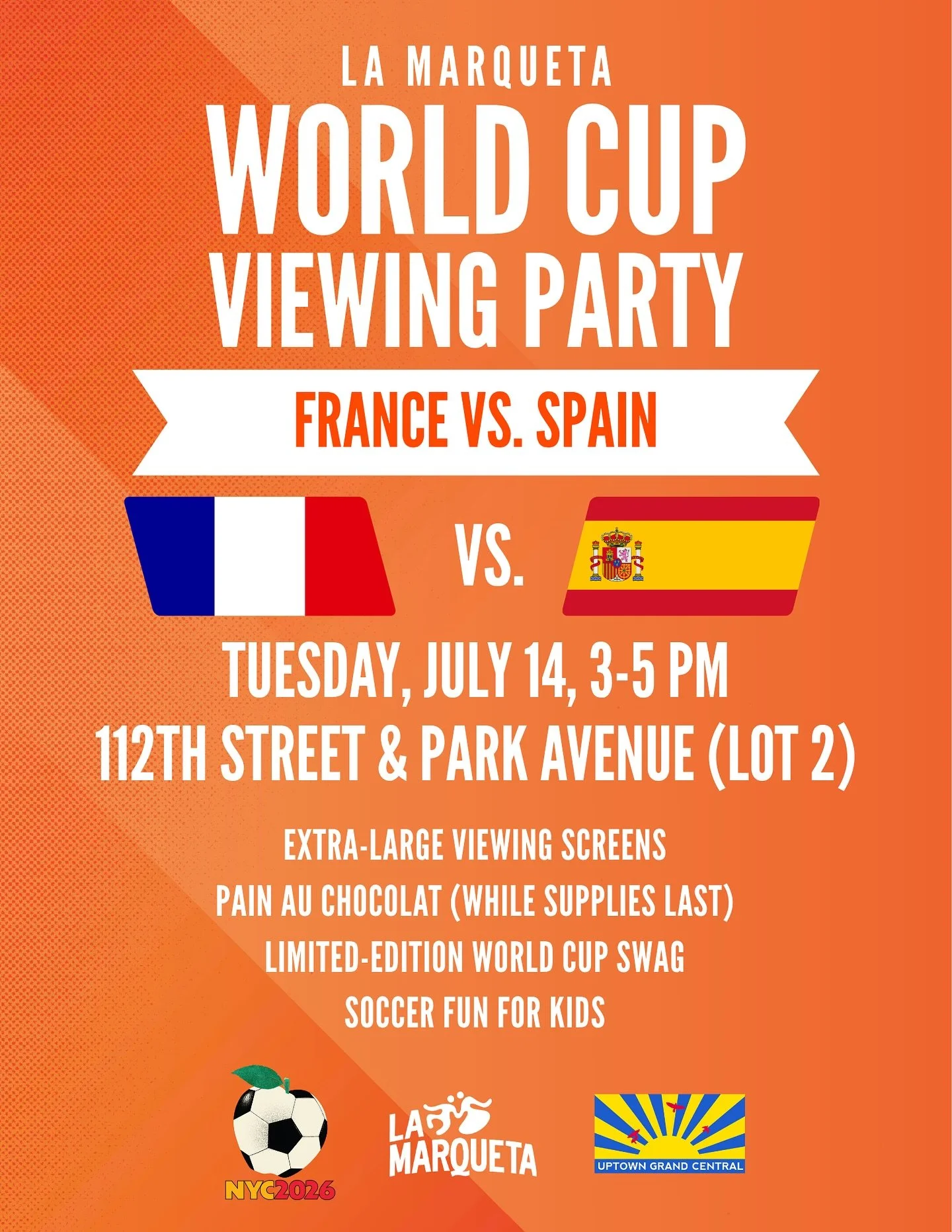 Next up on the World Cup big screen at La Marqueta&nbsp;@lamarquetanyc!

🇫🇷 🇪🇸 FRANCE VS. SPAIN
⏰ Tuesday, July 14, 3 p.m.
🥐 Pain au chocolat (while supplies last!) by local small business Frenchy Coffee @frenchycoffeenyc 

🇦🇷 🏴󠁧󠁢󠁥󠁮󠁧󠁿 A