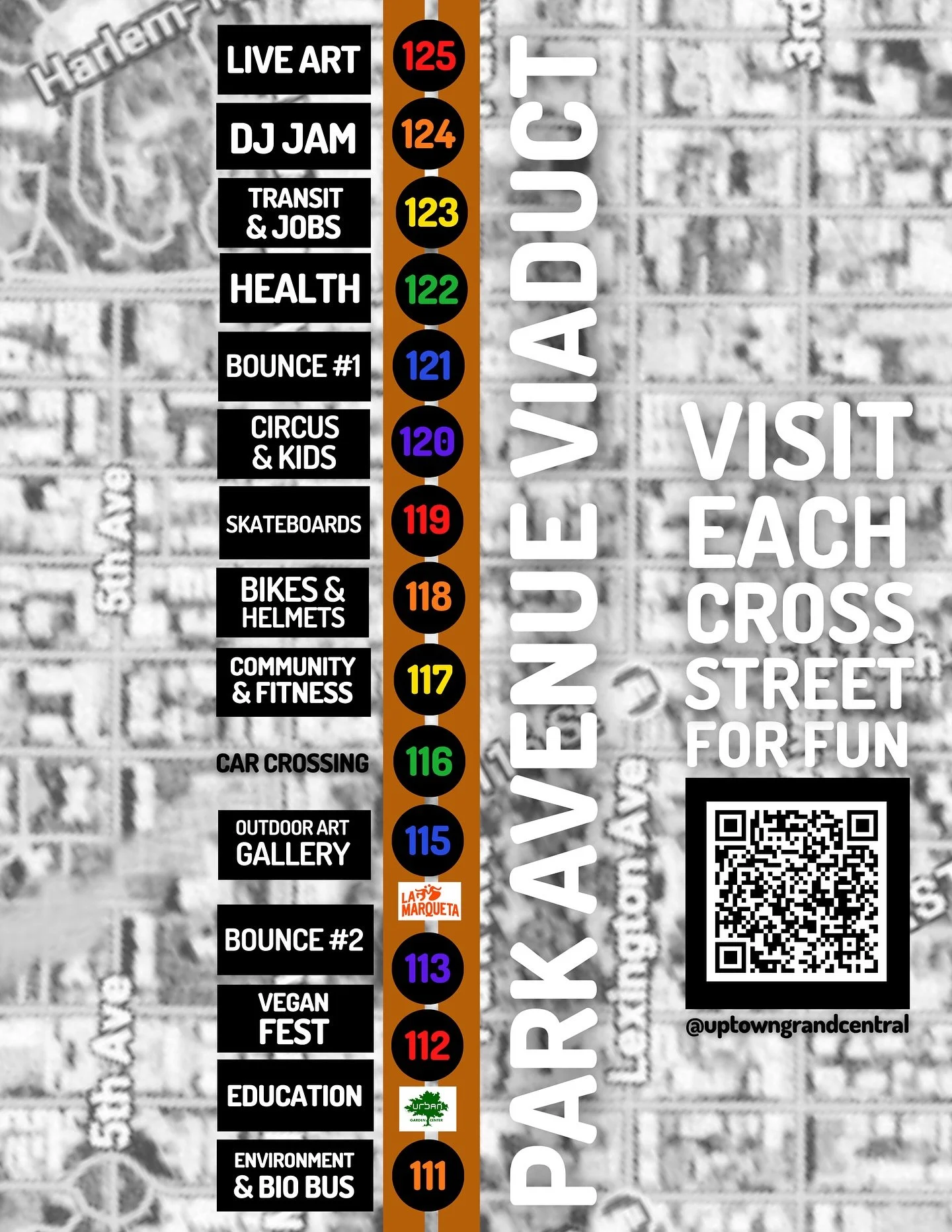 Made your plans yet for Party On Park? It&rsquo;s the day we close Park Avenue to cars &mdash; and open it up to people, biking, scooting, skateboarding &amp; more.

Check out the map from 125th to 111th streets for all the family fun:

📍 WHEELS: St