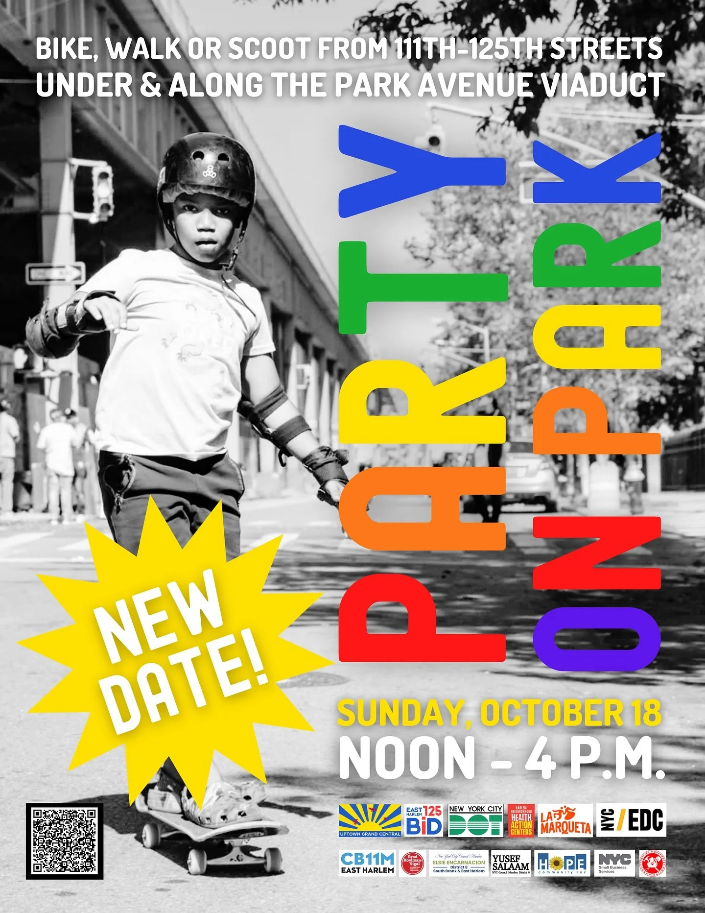 If you&rsquo;ve been watching the weather for this weekend, you know &hellip; ☔️ 

Party On Park now has a new date: SUNDAY, OCTOBER 18. 

Stay safe, everyone!

#Harlem #EastHarlem #ElBarrio #Community #SmallBusiness #PublicSpace #Bike #Skateboard #S