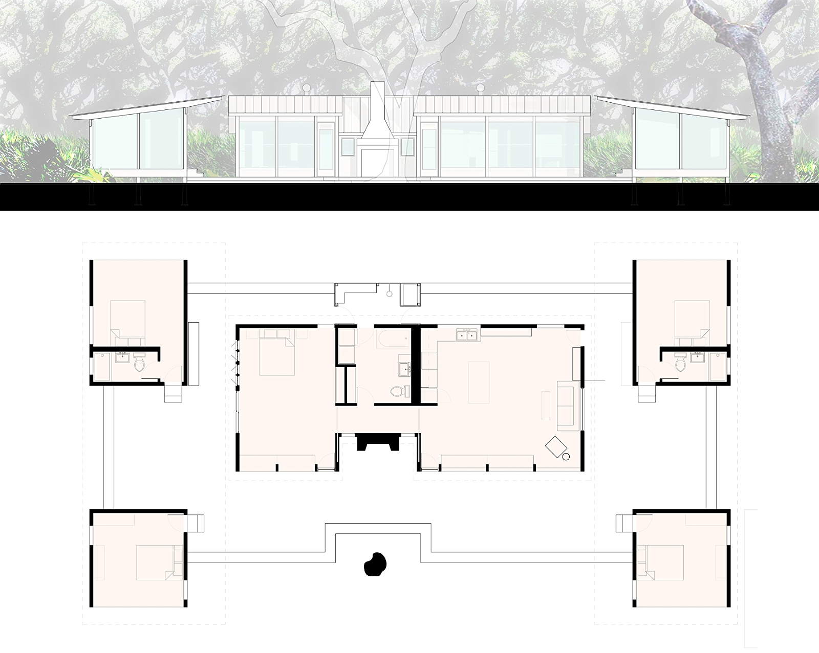 The plan is comprised of a quadrant of satellite rooms which expand from the original central structure. Public and shared spaces are concentrated in the old 'Hen House'. The detached rooms provide privacy, and focus on specific views of the surrounding woods. Each new wing is sheltered under a sweeping continuous roof, and offers an open exterior room adjacent to the central deck space.