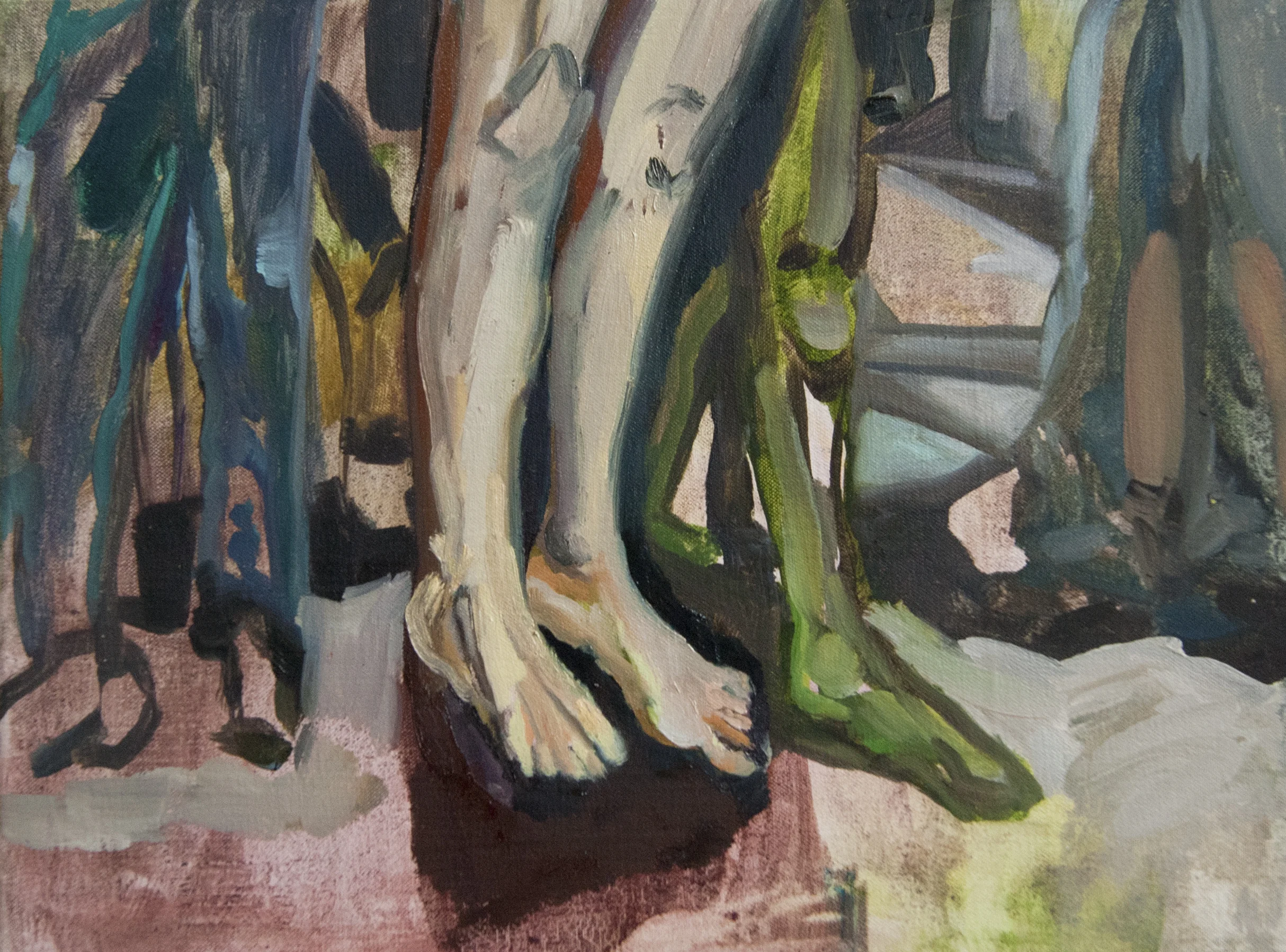 Belief in everything (superhero legs), 2013, oil on canvas, 12 x 16 inches.