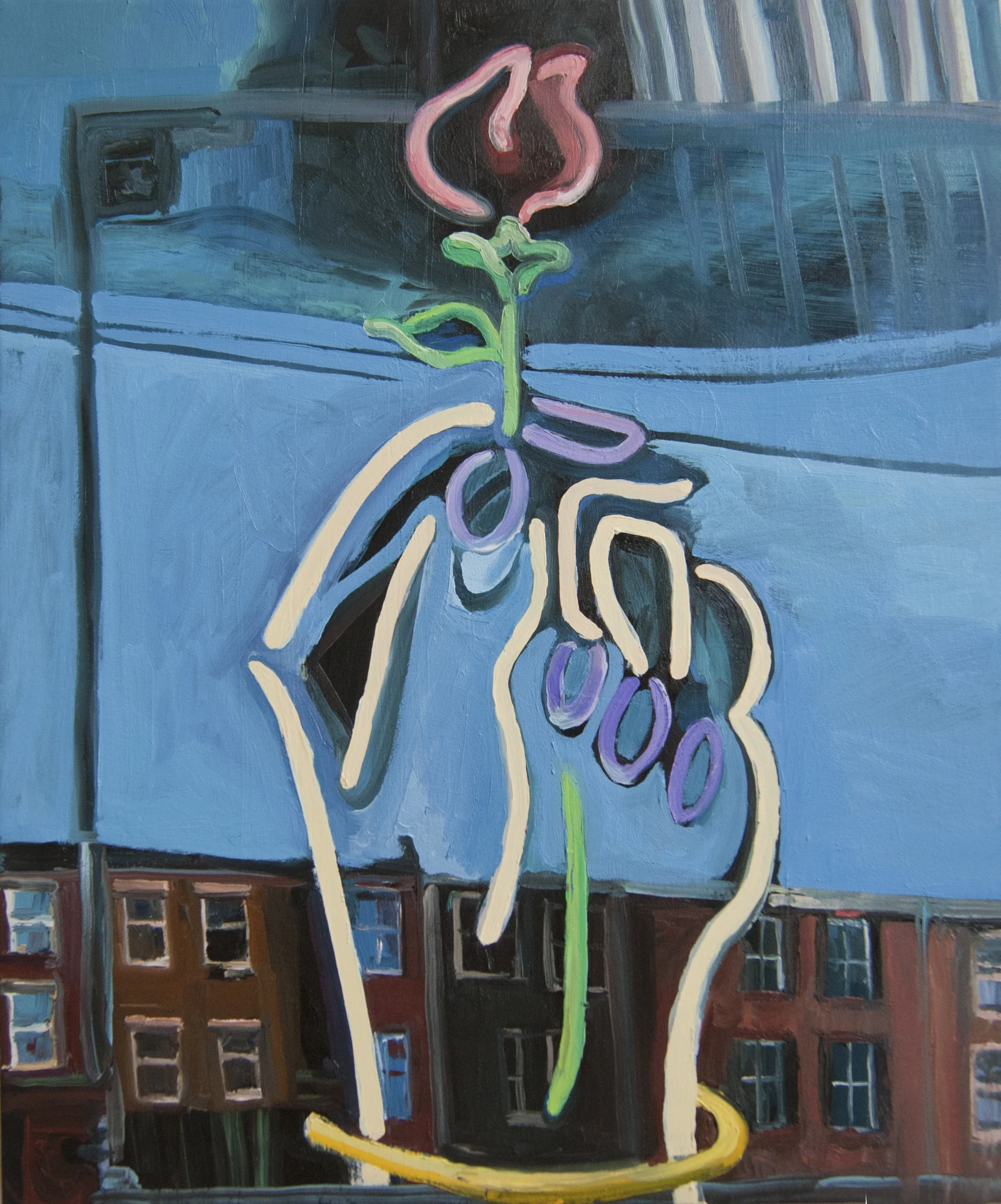 Neon Hand with Rose, 2013, oil on canvas, 20 x 24 inches.
