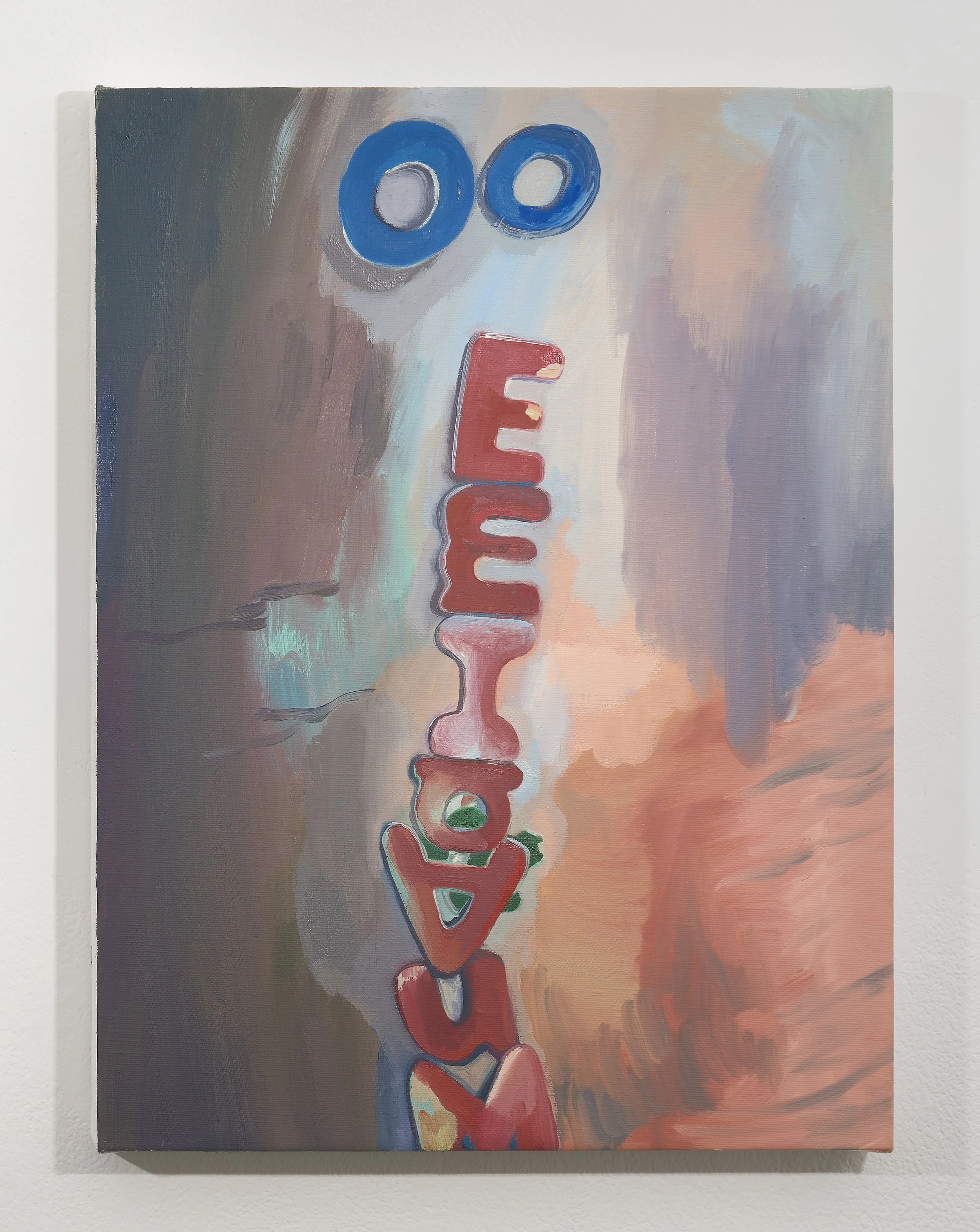 E's on the fridge 2, 2026, oil on linen, 18 x 14 inches