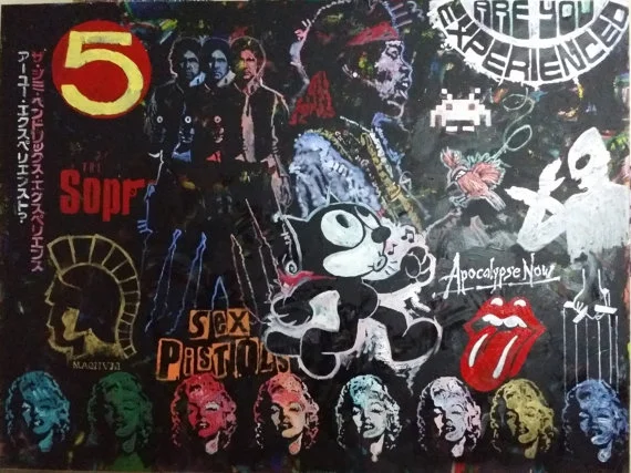 "Bootleg" Jimi Hendrix / Marilyn Monroe / Space Invaders / Felix the Cat / Rolling Stones / The Sopranos / Ultraman / Apocalypse Now / Star Wars' Han Solo / Trojan Condoms Logo / The Godfather / Sex Pistols / Speed Racer, 108x72, Mixed on Canvas