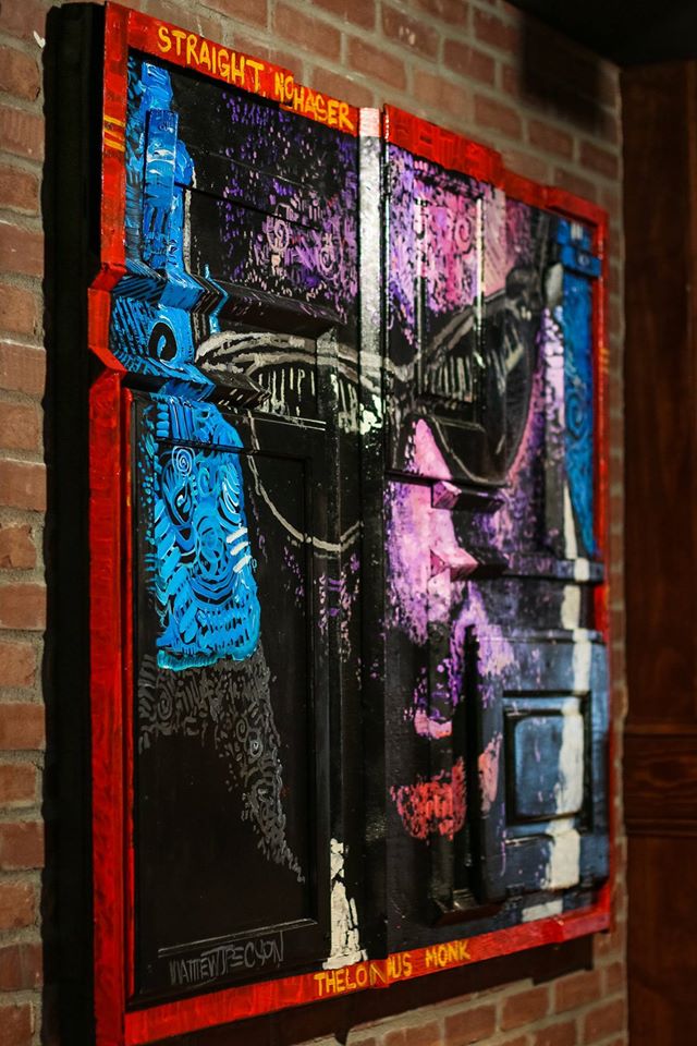 Thelonious Monk, 60"x48", Acrylic on Reclaimed Wood and Wood Cabinet Doors