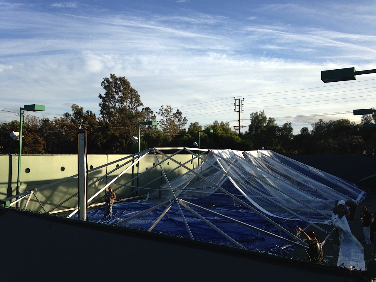 The tent is installed over the court.