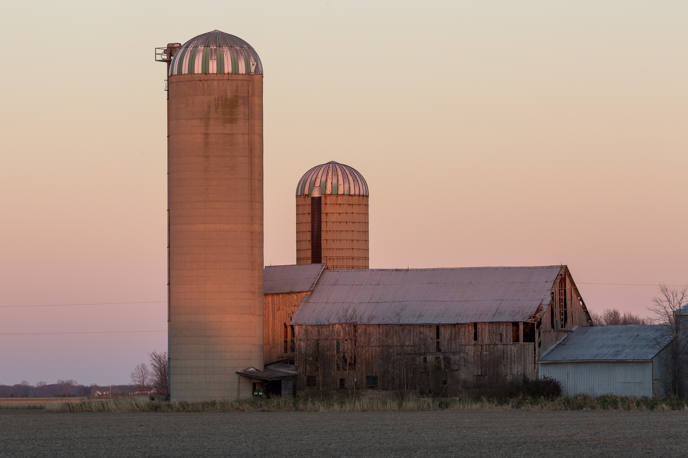 Silos and Barn at Twilight, Lambton County