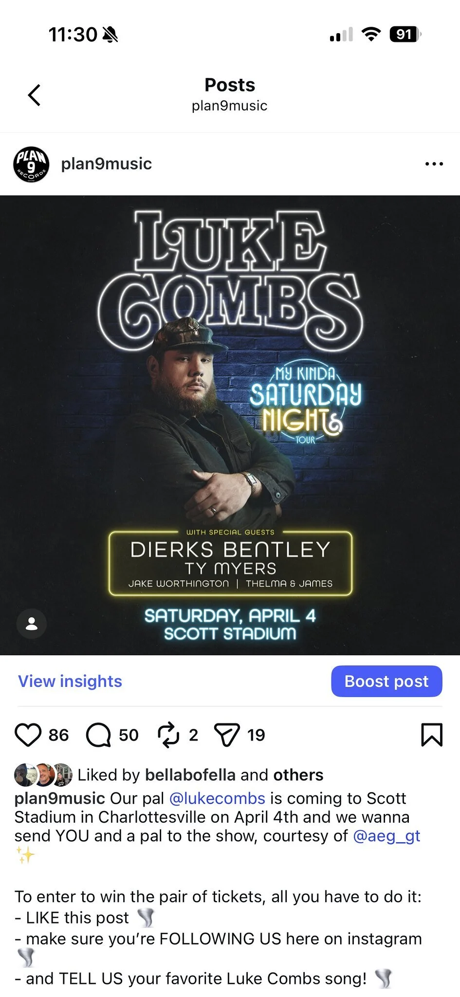 Luke Combs AEG ticket giveaway promo for Plan 9