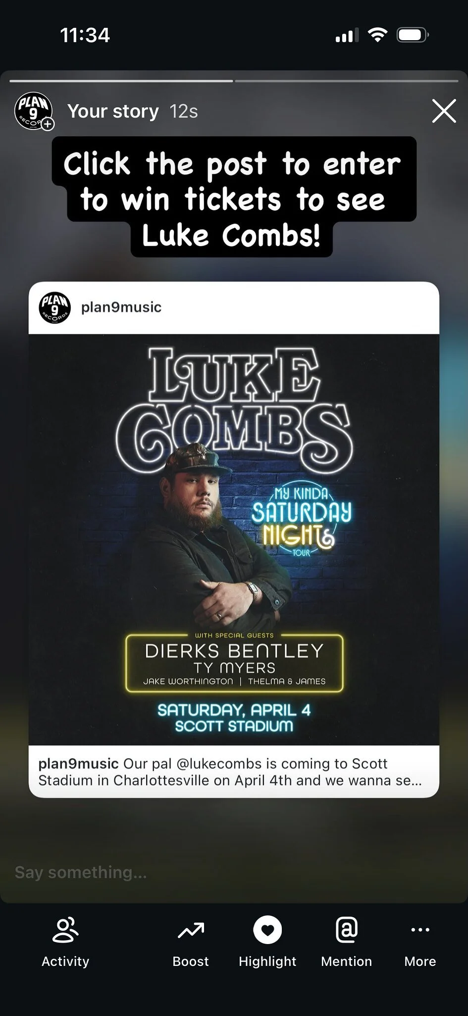Luke Combs AEG ticket giveaway promo for Plan 9