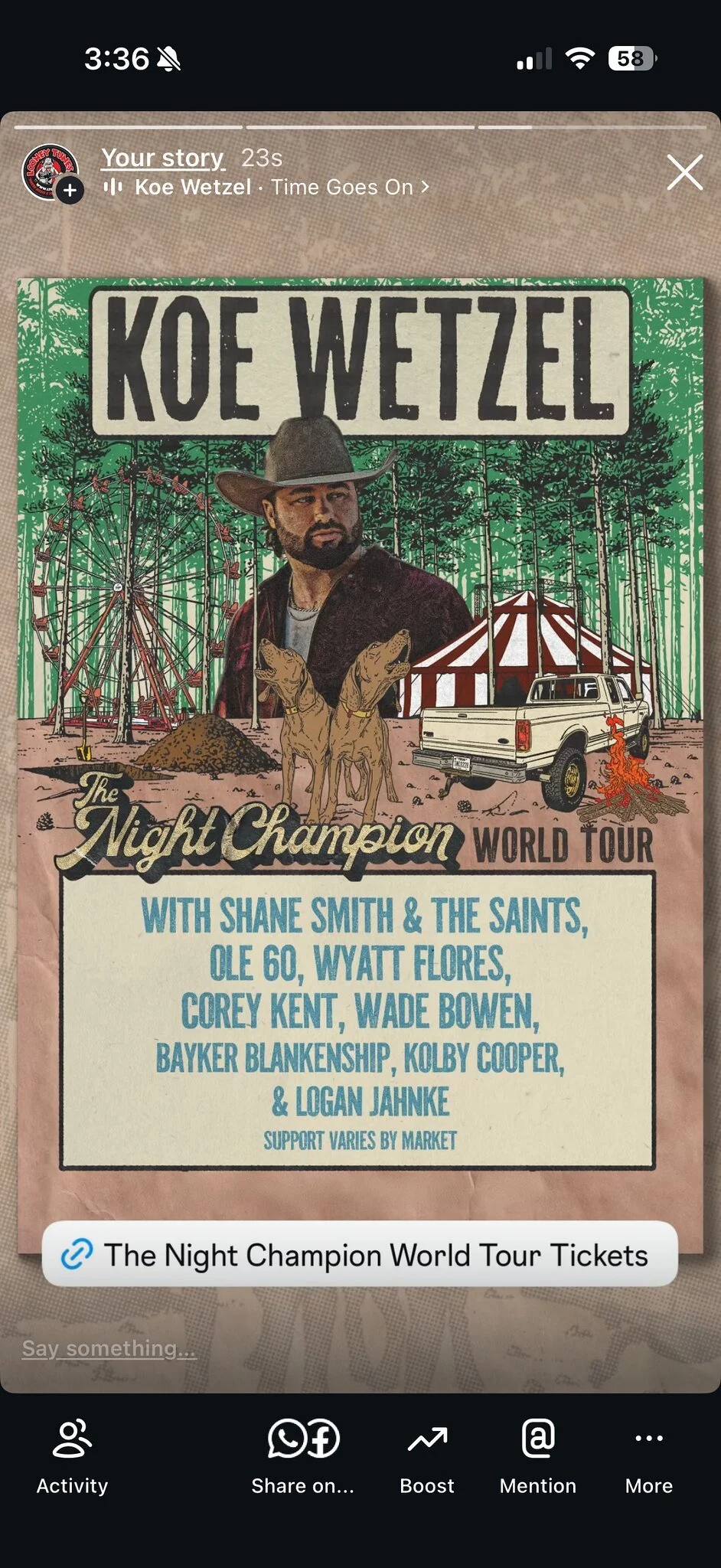 Looney Tunes Koe Wetzel IG Story 8/1
