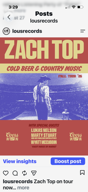 Lou's Records_ZachTop_OnTourPost