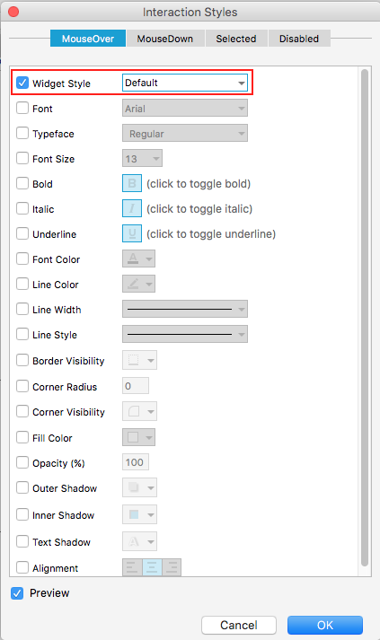 Figure 5: Interaction Styles editor showing where to apply a Widget Style.