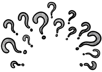 Array of black question marks in varying sizes, scattered across a white background.