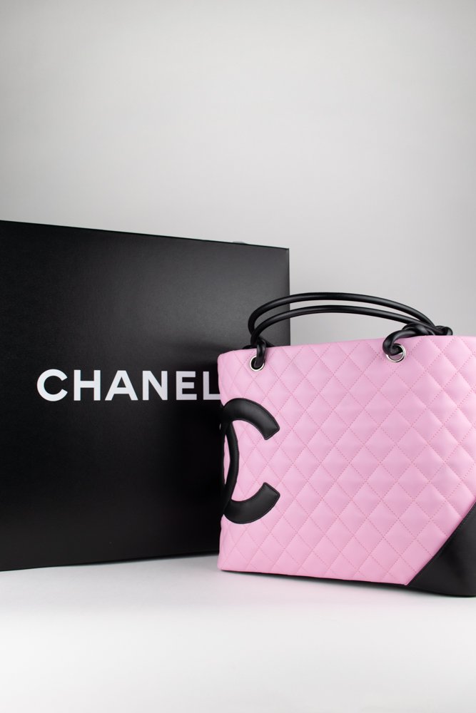 Vintage Chanel Cambon Ligne Tote Bag In Pink And Black CC Logo Medium   Trésor Vintage