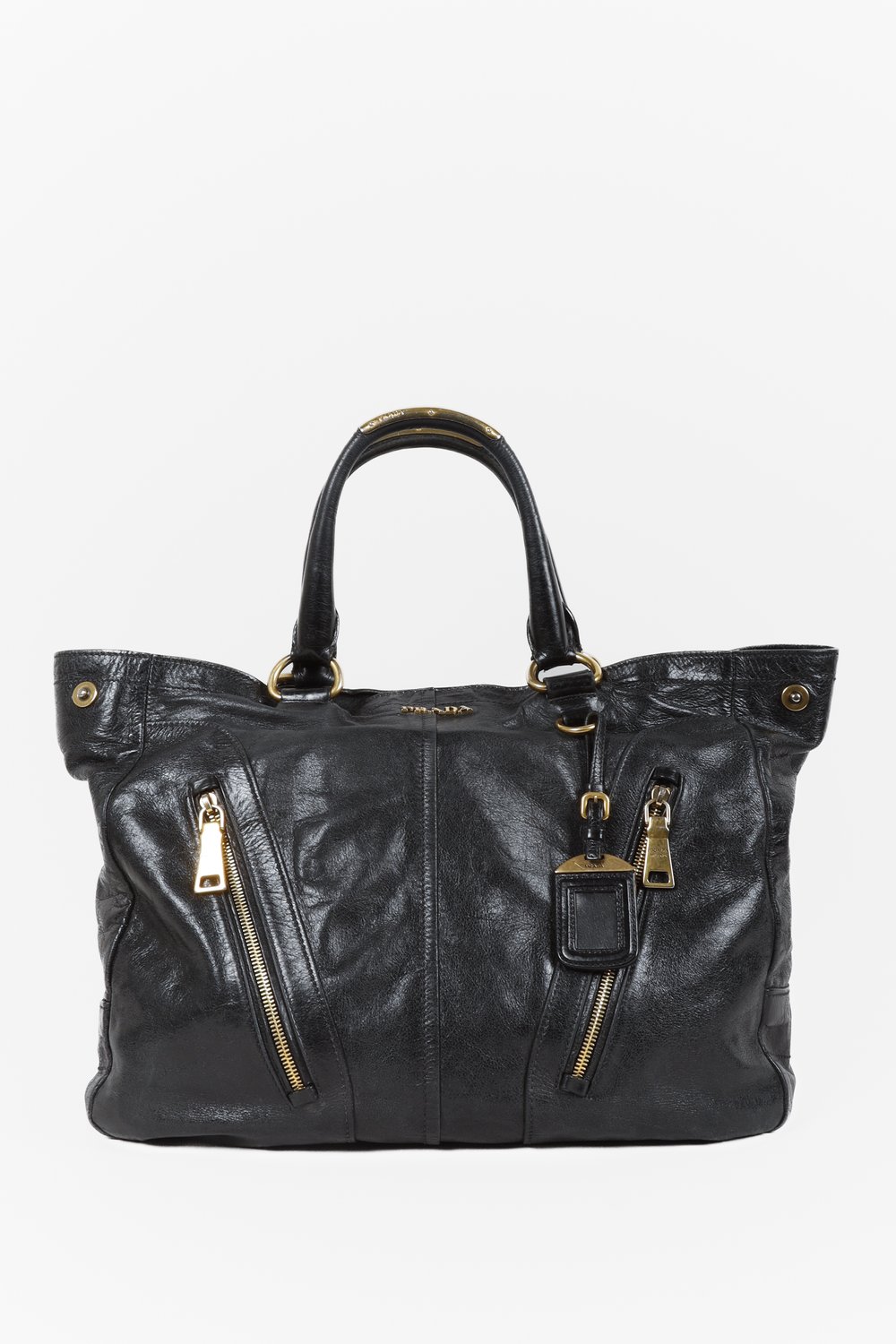Prada Black Vitello Shine Zippy Tote Bag Leather Pony-style