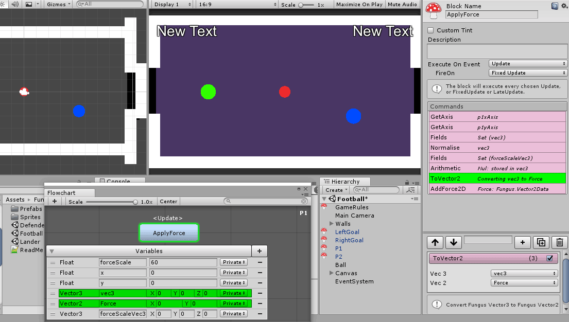 The Football demo scene in Playground is a 2 player air hockey physics driven game. Entirely in Fungus.
