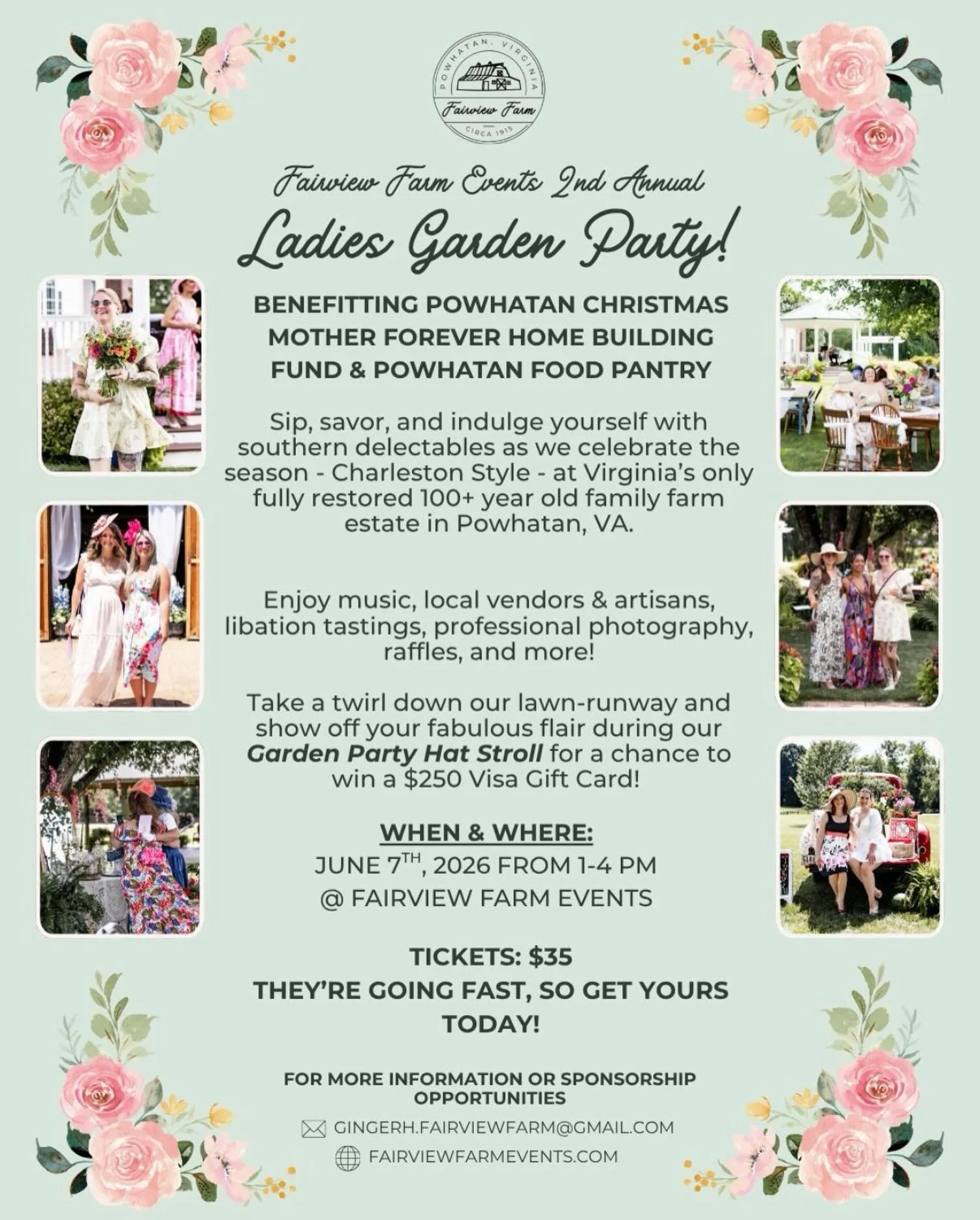 Make sure to grab your tickets to the Fairview Farm Garden Party THIS Sunday, June 7th from 1&ndash;4 PM!

Sip, stroll, savor, and support two incredible local charities: The Powhatan Christmas Mother and The Powhatan Food Pantry, all with one beauti