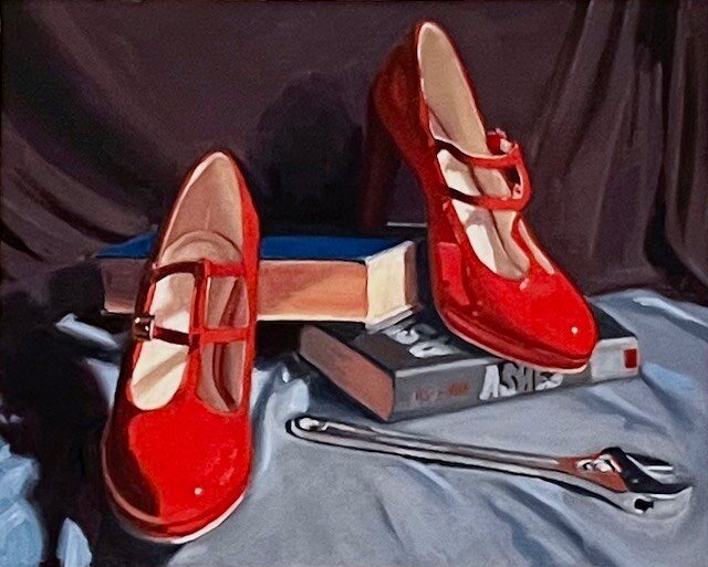 A midterm painting titled &ldquo;Miss Scarlet&rdquo; via the #academyofartuniversity online program.  Many thanks to all of the wonderful instructors!
.
.
.
.
#fineartstudent #redshoes #clue #missscarlett #library📚 #wrench #oilpainting #stilllifepai