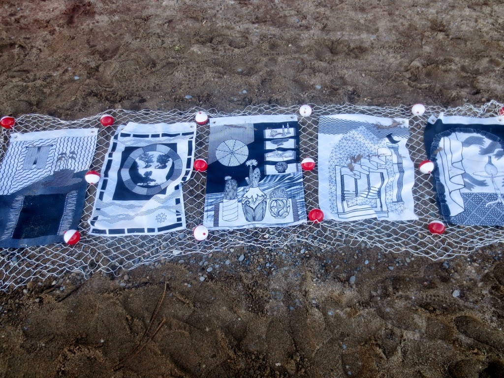  Washed up  Dye sublimation prints, nets, fishing buoys  Gibraltar Point Beach, Toronto Island  for Unaffiliated Music Festival  June 2014    