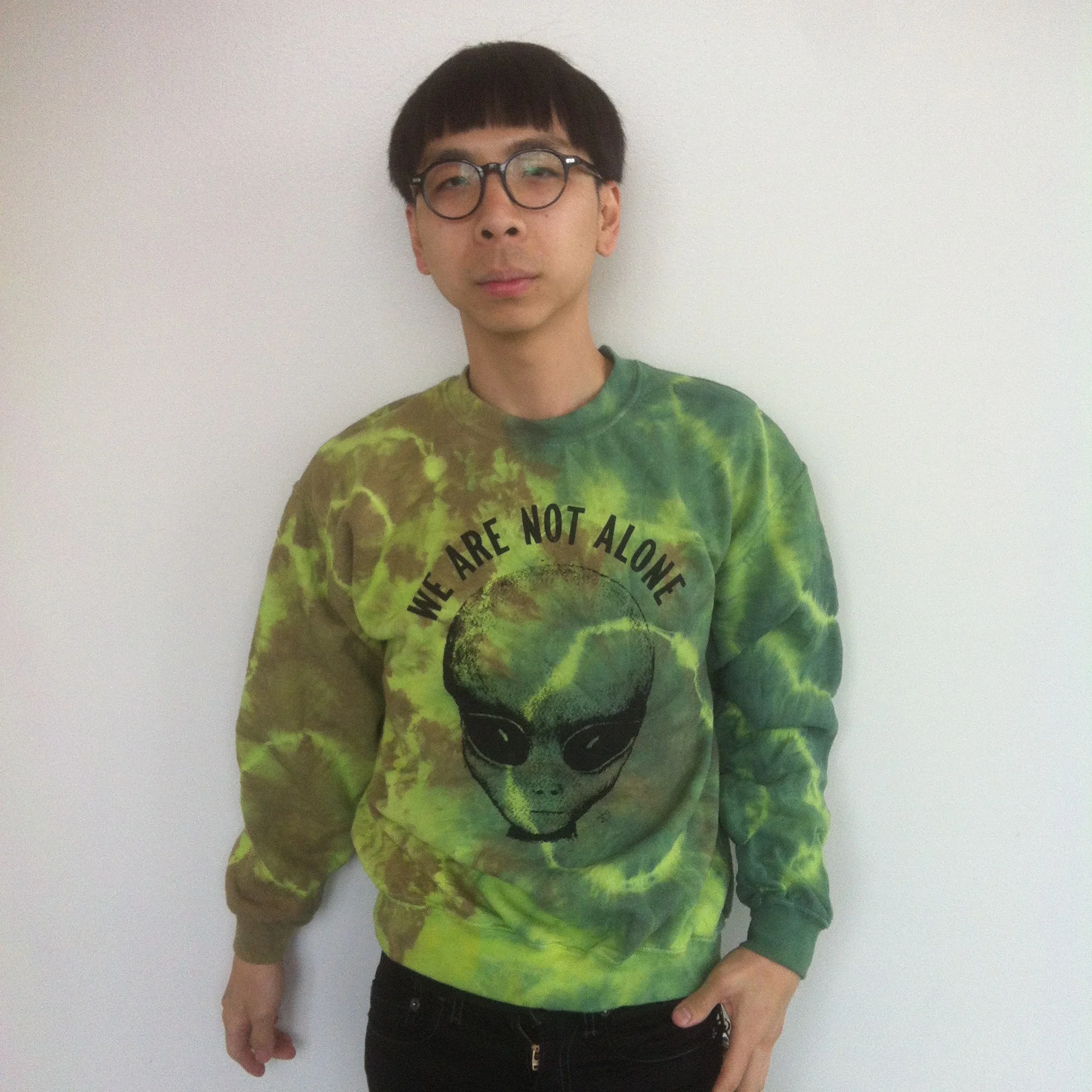 We are not alone Tie dye and screenprint on crew neck cotton sweater