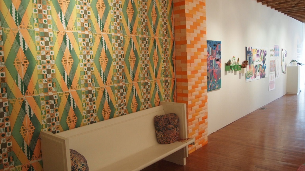The Reading Nook Screenprinted wallpaper by Alicia Nauta, screenprinted bricks by Ella Selbie, pillows by Alexandra Mackenzie Narwhal Projects