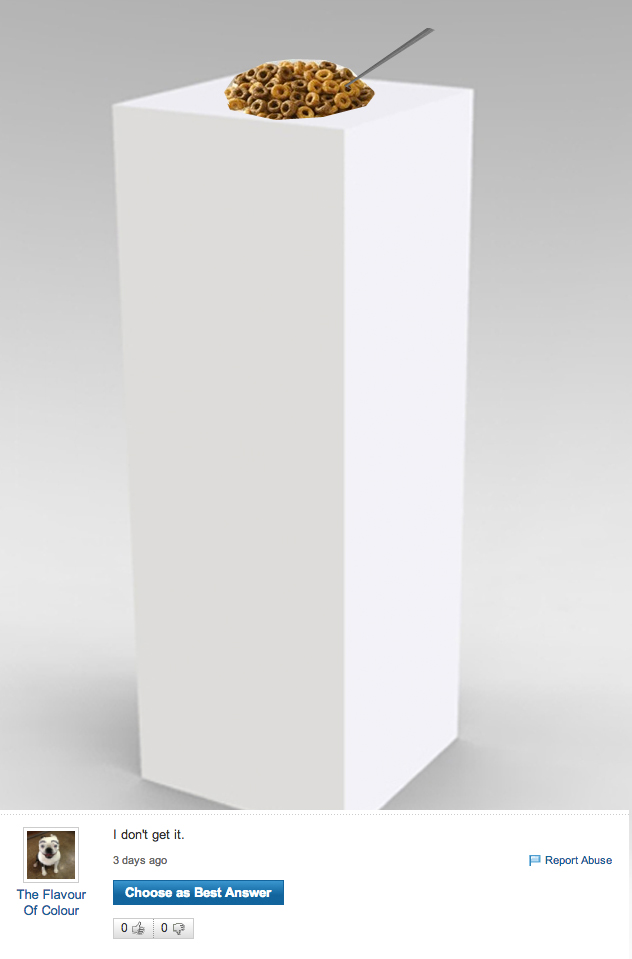 Plinth with cereal bowl built in by Joële Walinga Using the question-and-answer website Yahoo! Answers as a starting point, artists Bridget Moser, Gwen Bieniara, Joële Walinga, Diana McNally and Catherine Polcz examine the absurdity, failure, vulnerability and confusion that often accompanies the search for meaning and answers in the eternal abyss that is the internet. Curated by Alicia Nauta Download Exhibition Essay Xpace Cultural Centre, July 2013