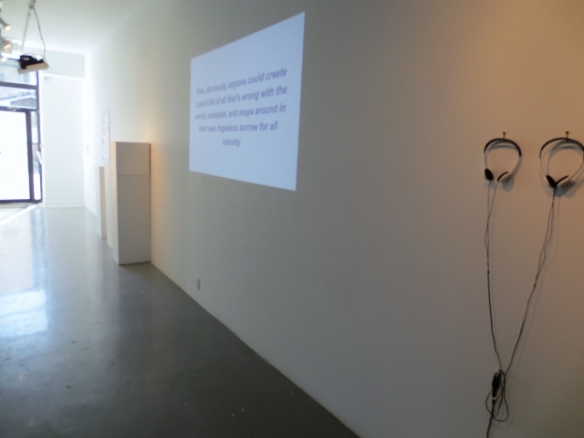  Yahoo! Answers  Installation shot of plinths by Joële Walinga, video by Catherine Polcz and sound piece by Gwen Bieniara   Download Exhibition Essay   Xpace Cultural Centre 