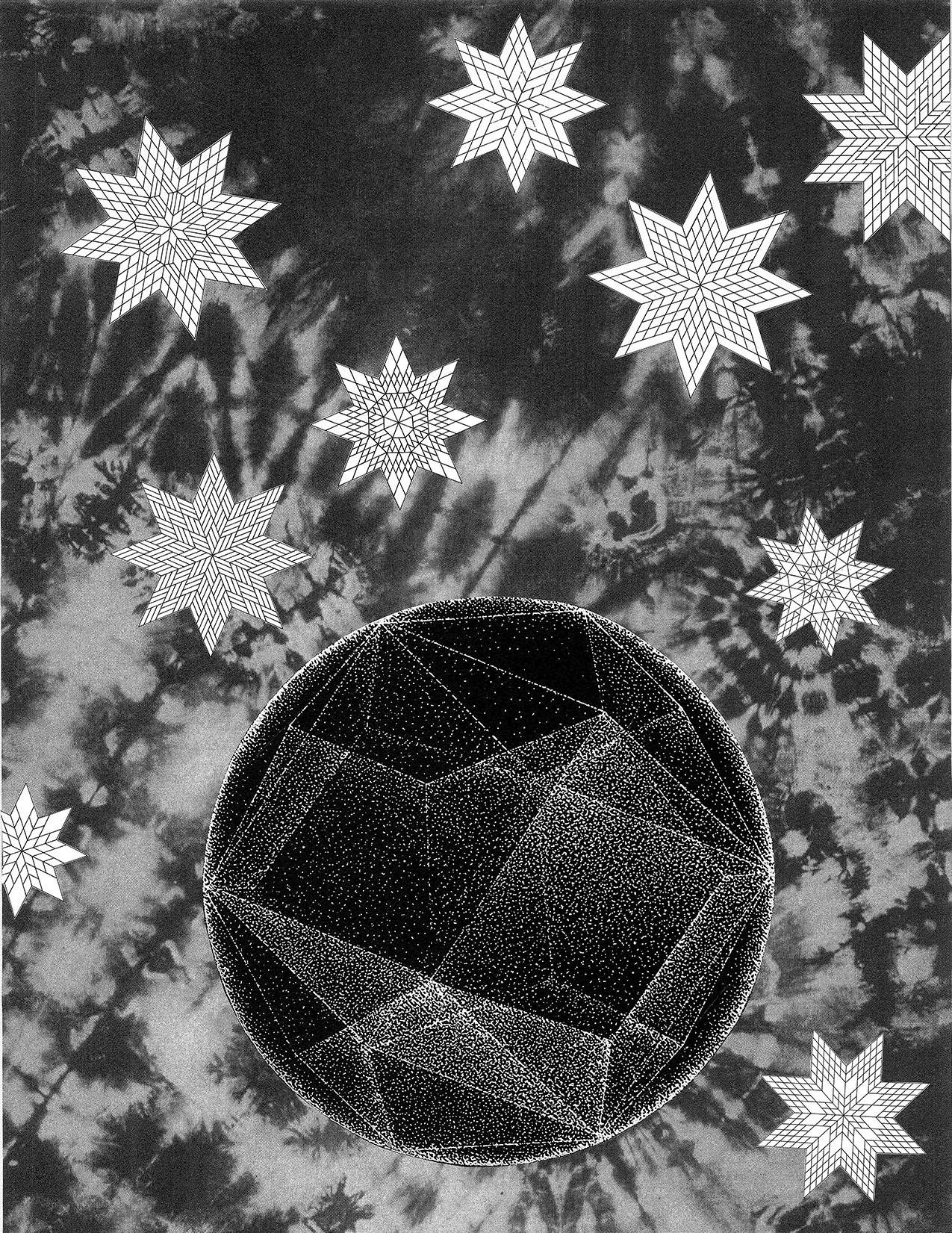 Floating in a canoe at night looking at the sky Xerox collage + risograph print 18" x 24" (collage) + " 14" x 10.75" (print) 2015