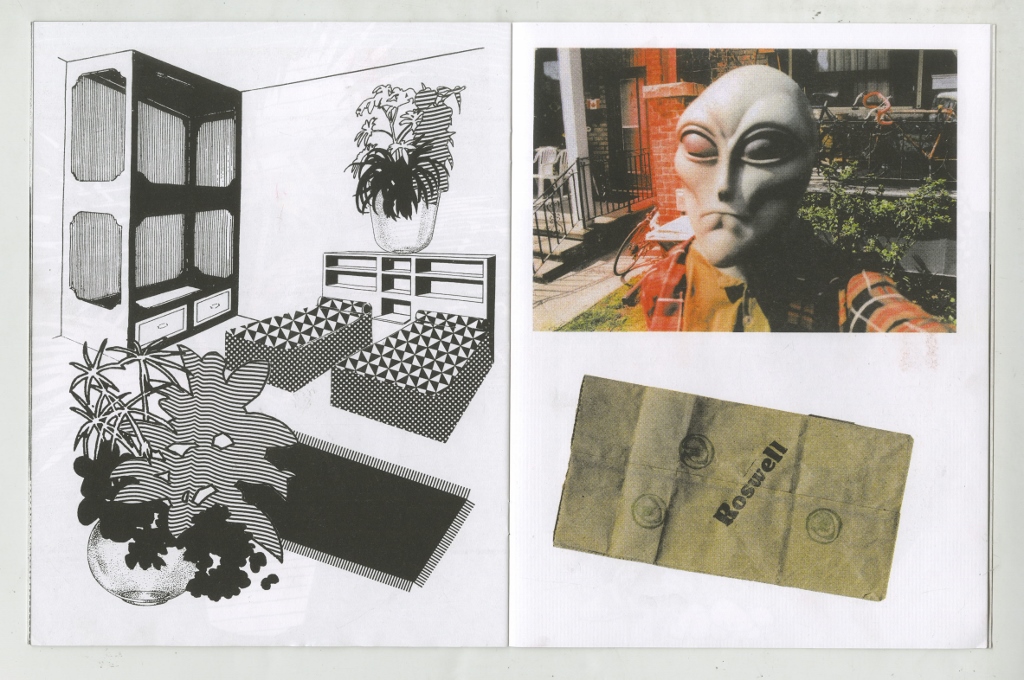 spread from Alicia's Klassic Kool Shoppe, 2015 Edition of 200 7.5" x 9.75", 24 pages Saddle stitch, risograph printed book. Printed and published by Colour Code A collection of recent collages and items from a future museum.
