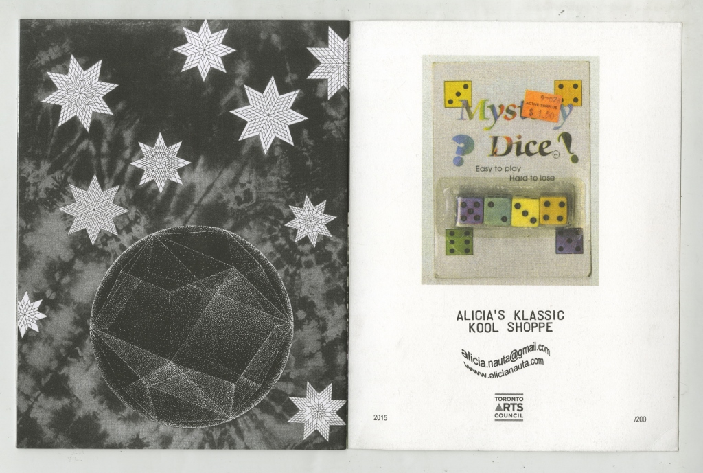 spread from Alicia's Klassic Kool Shoppe, 2015 Edition of 200 7.5" x 9.75", 24 pages Saddle stitch, risograph printed book. Printed and published by Colour Code A collection of recent collages and items from a future museum.