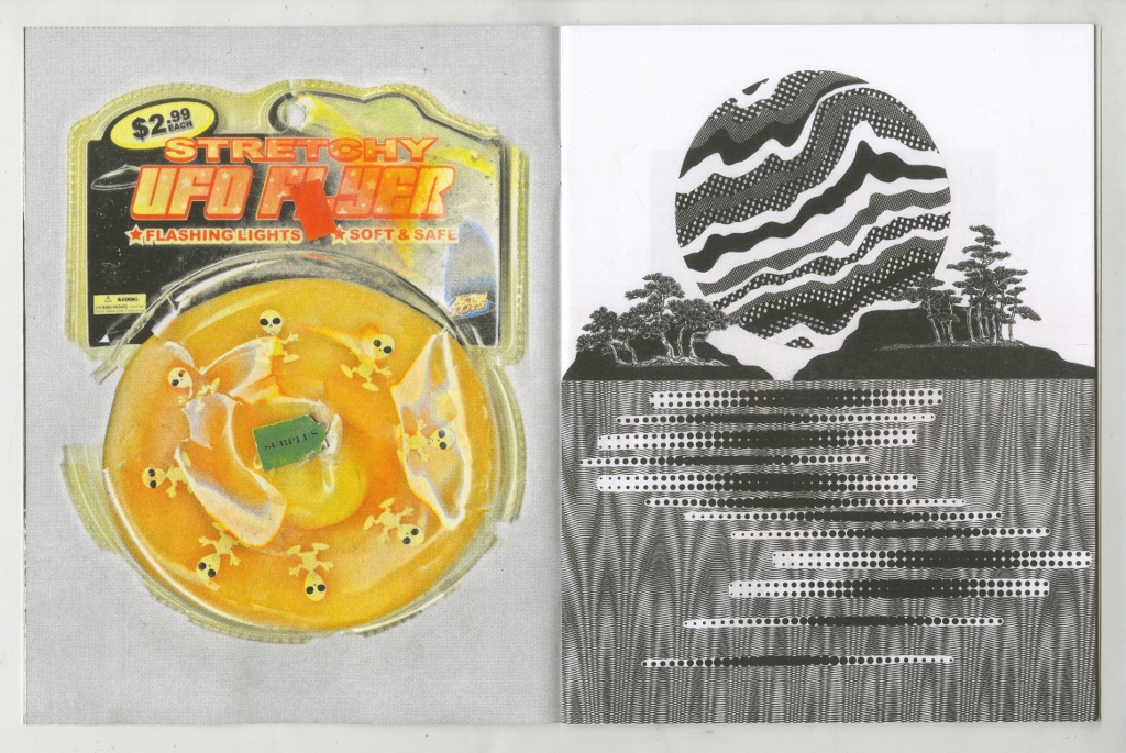 spread from Alicia's Klassic Kool Shoppe, 2015 Edition of 200 7.5" x 9.75", 24 pages Saddle stitch, risograph printed book. Printed and published by Colour Code A collection of recent collages and items from a future museum.