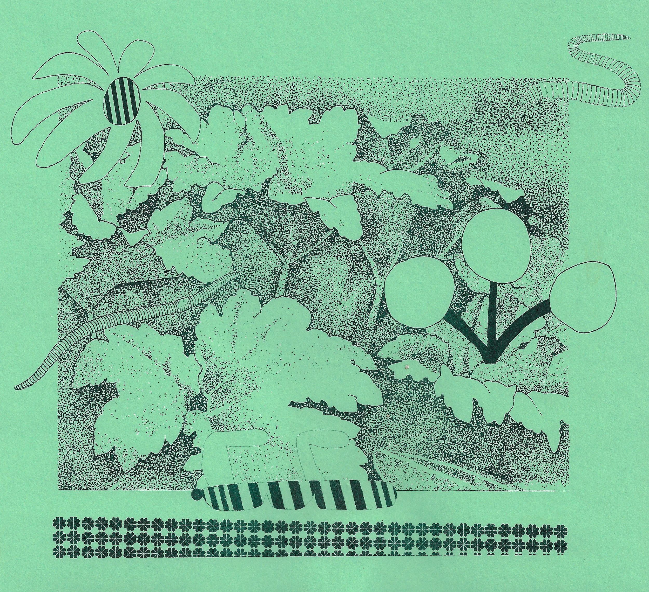 Wormy foliage Collaboration with Eunice Luk Risograph printed, open edition Free postcard available during ‘On some faraway beach’ exhibition at Vancouver Art Book Fair, 2018