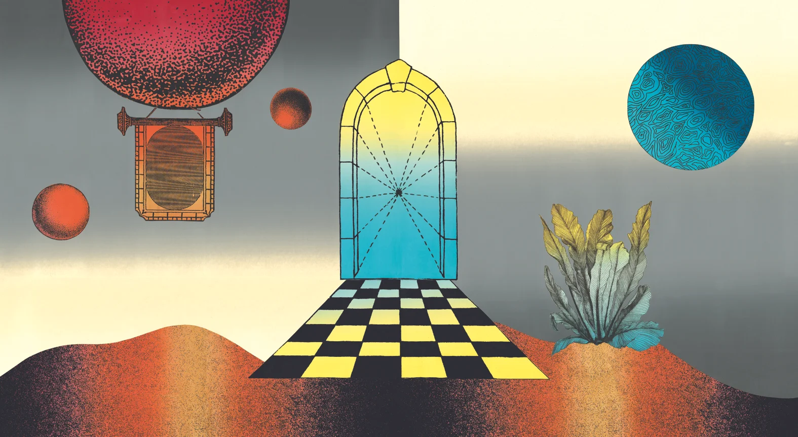 You enter through an unexpected door Screenprinted collage, 4 of 7 panels 48” x 26” 2019