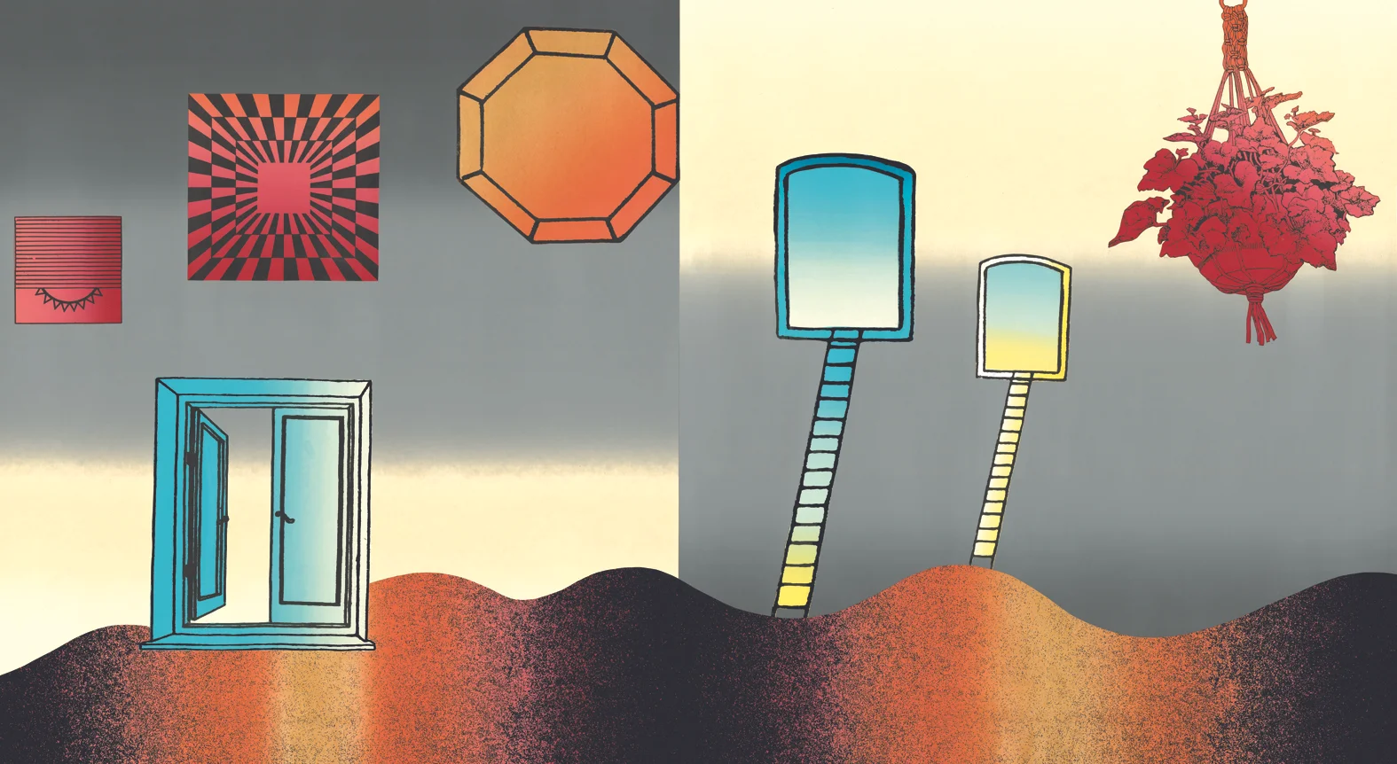 You enter through an unexpected door Screenprinted collage, 5 of 7 panels 48” x 26” 2019