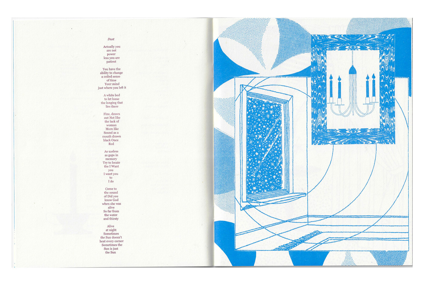  So far from the water and thirsty   Collaboration with Brooke Manning   24 pages, saddle stitched, risograph printed   edition of 200, first edition 2018  edition of 200, second edition 2020 