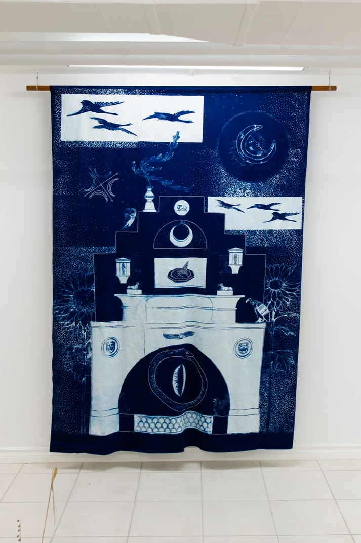  Skygoer, she who roams over the void  Embroidered cotton cyanotype  install at The Plumb, Toronto for Moonshow  5’ x 7’   2021 