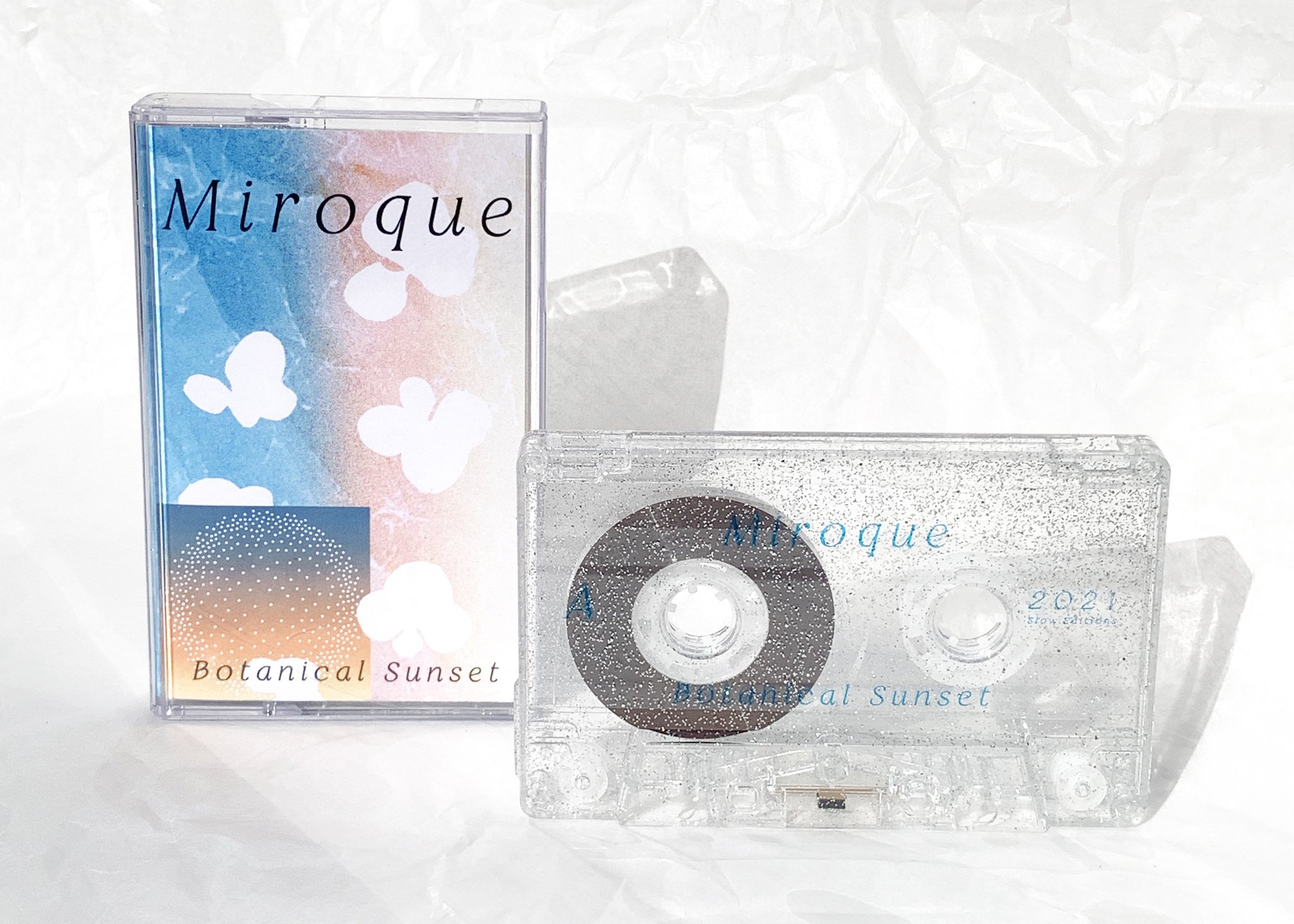  Cassette tape design for Botanical Sunset by Miroque  Reissue by Slow Editions  Art and design by Eunice Luk and Alicia Nauta Reissue supervised by Masahiro Takahashi Originally released by 360° Records, Japan in 2001  2021 