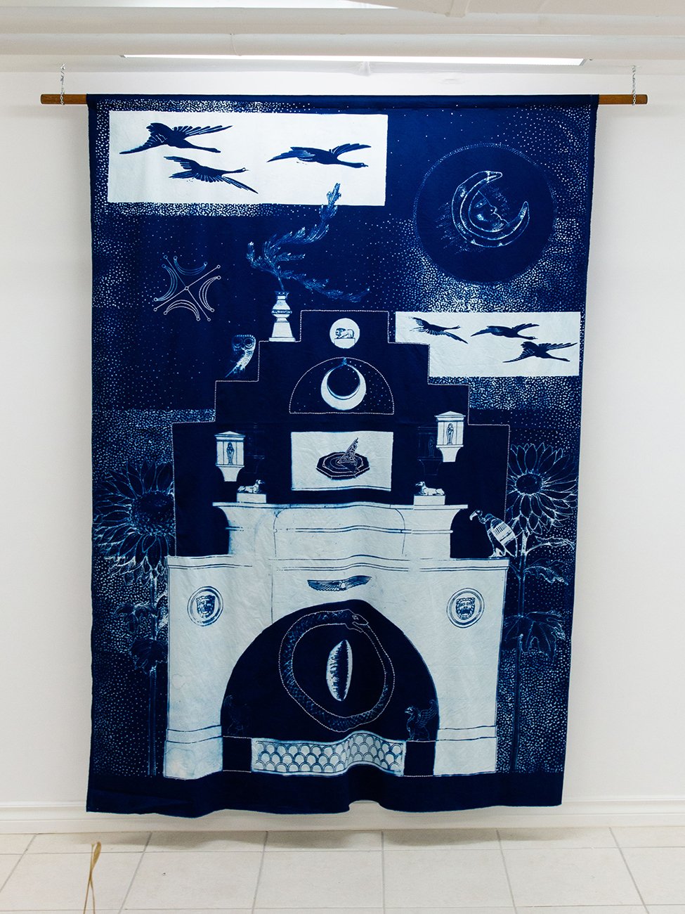  Skygoer, she who roams over the void   Cotton cyanotype, hand embroidered detail  5’ x 7’  2021 