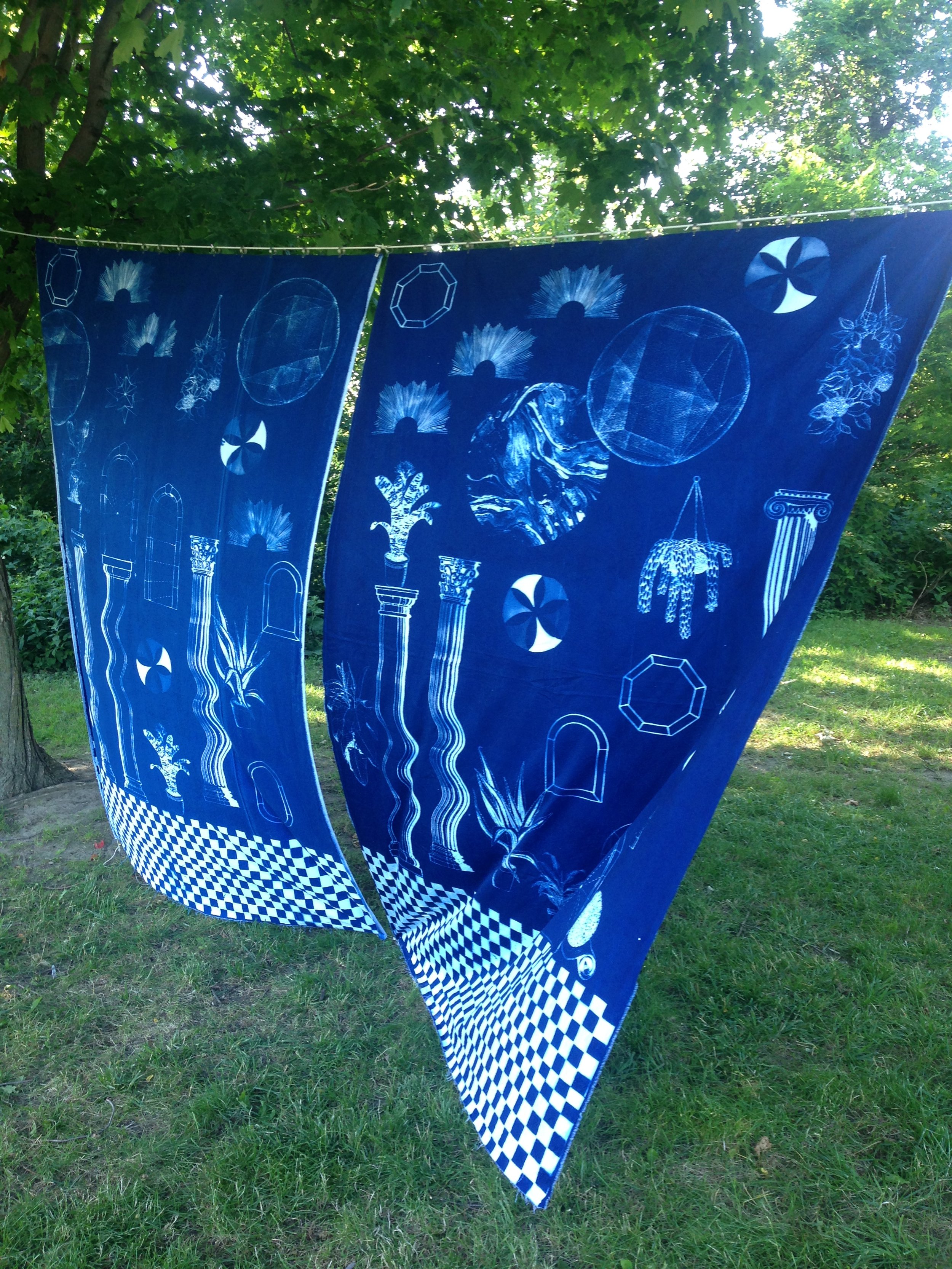  a place halfway between both worlds where anything can happen and there is no problem with time  Cyanotype sun printed curtains, each 5' x 7'  Feast in the East, Praire Drive park, Scarborough&nbsp;  2017 